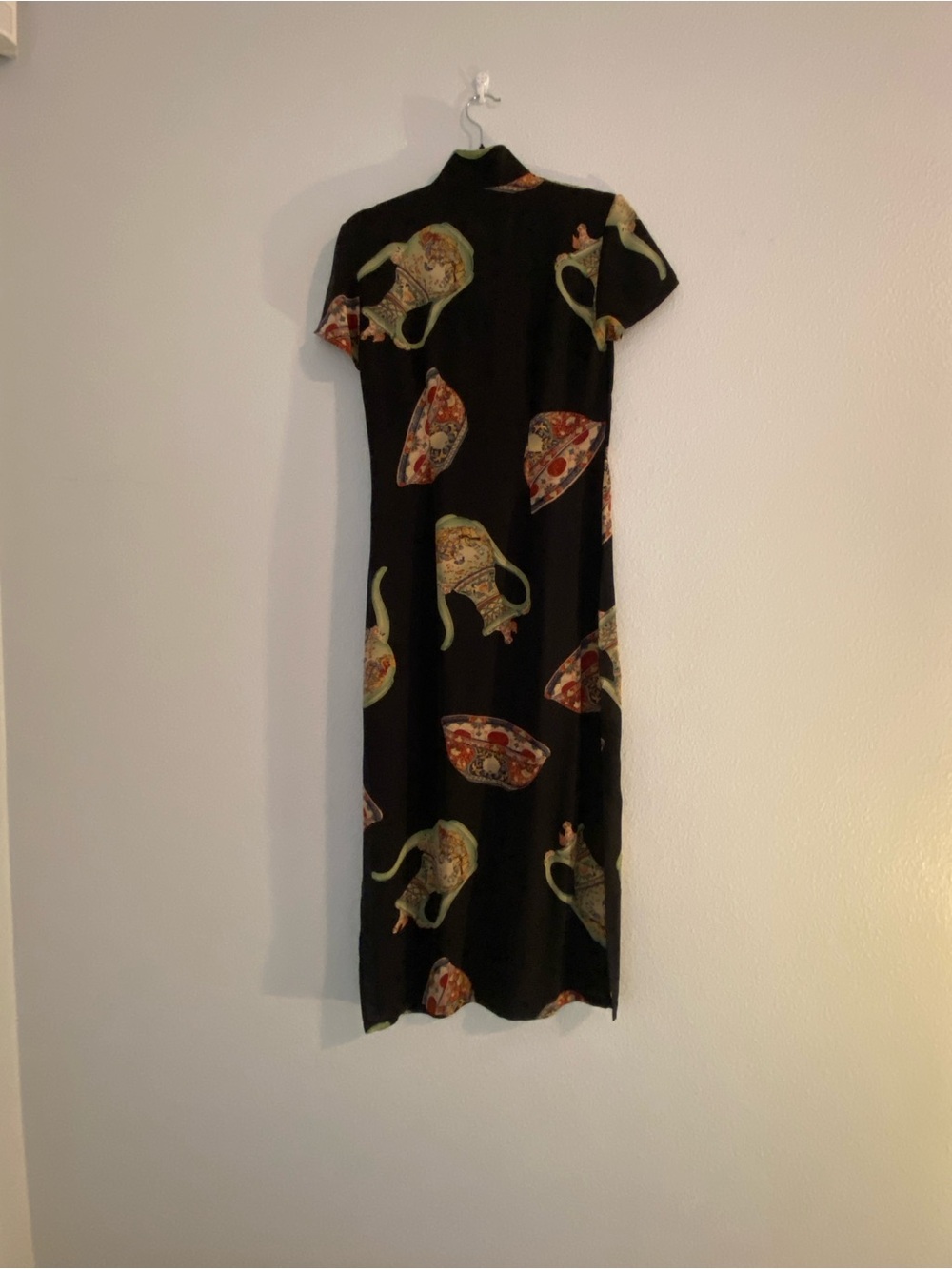 Black 100% Pure Silk Tea Pot Print Midi Dress with Mandarin Collar - Picture 11 of 12